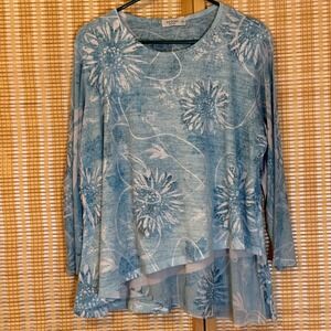 Jess & Jane Womens XL Top Blue Floral Burnout Asymmetrical Layered Boho Artsy